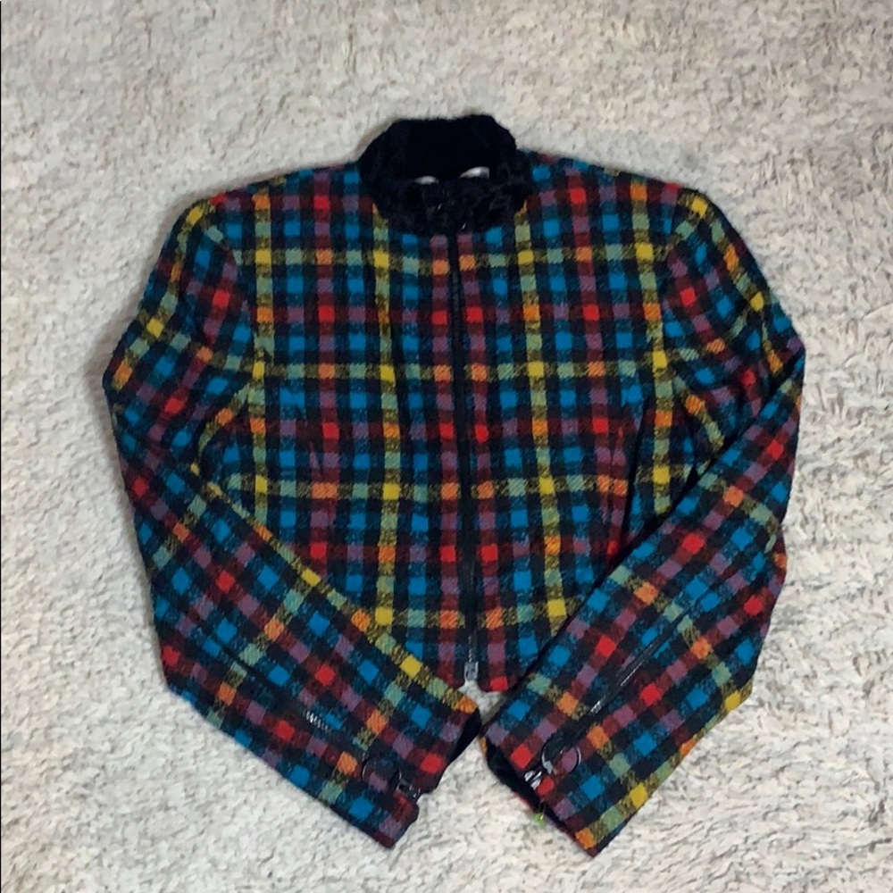 VINTAGE 80s 90s TAHARI Cropped Multicolored Checkered Blazer